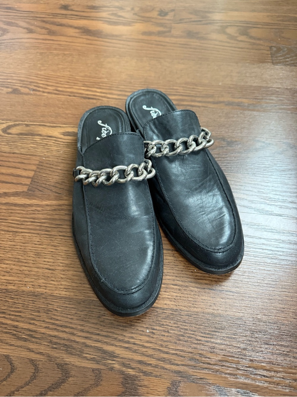 Free People Black Leather Chain-Trim Slip-On Loafers
